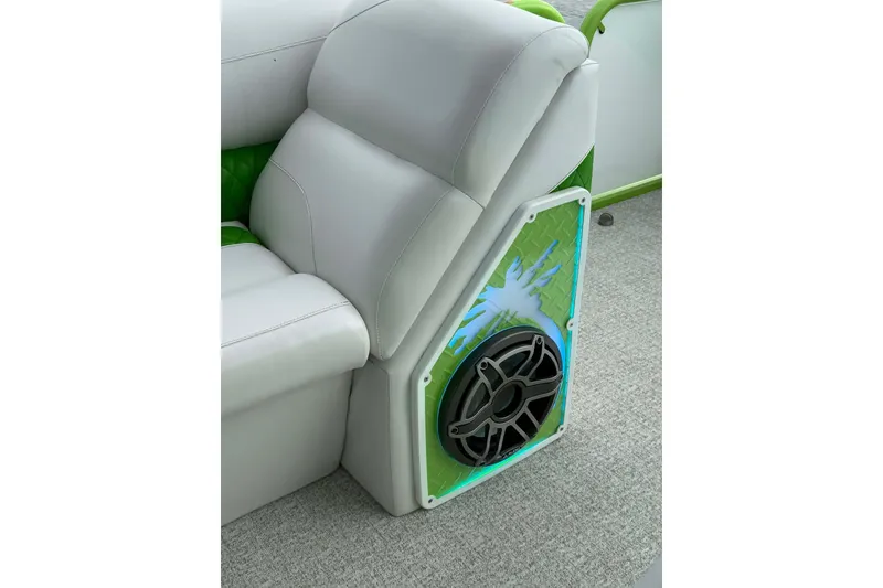 Slide: The Image of Luxurious seating with integrated speaker on 2026 Aloha Pontoon 300 boat. - 6