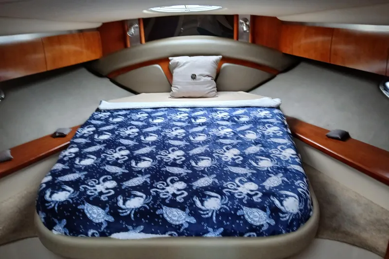Slide: The Image of Luxurious cabin interior of 2007 Cruisers Yachts 420 Express with nautical-themed bedding. - 6