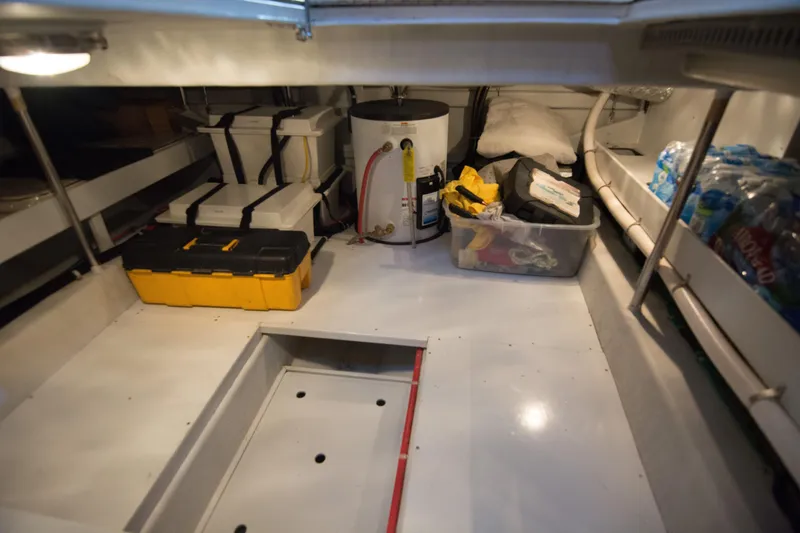 Slide: The Image of Interior of 2009 Mikelson Zeus Sportfisher with storage and equipment. - 13