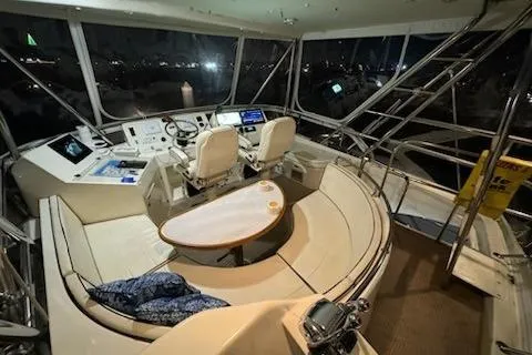 Slide: The Image of 2009 Mikelson Zeus Sportfisher cockpit with modern controls and seating at night. - 17