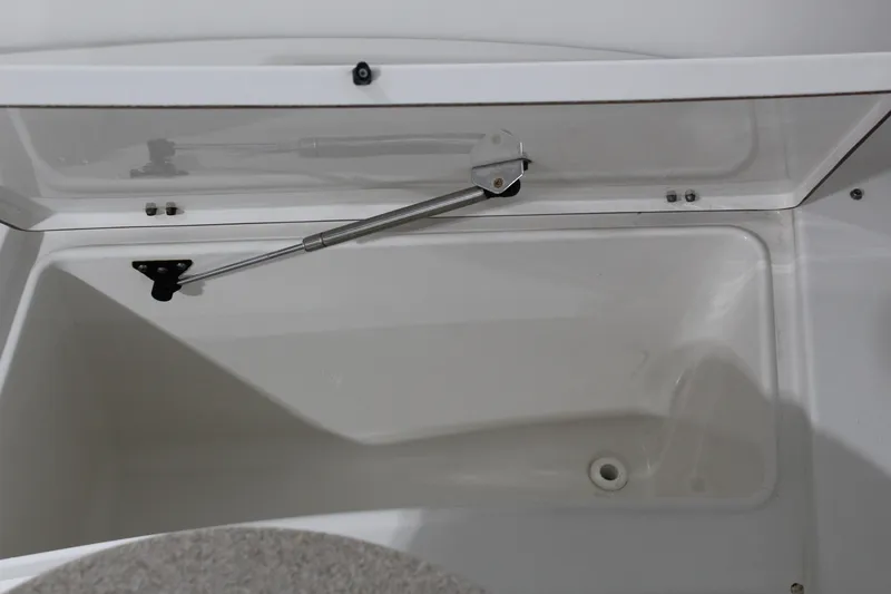 Slide: The Image of Open storage compartment on 2012 Sea Hunt Edge 24 boat, featuring hydraulic support. - 29