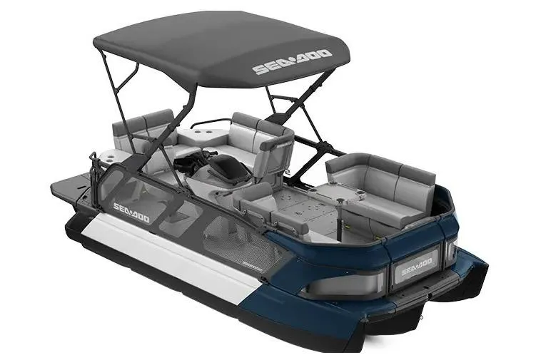 The Image of 2024 Sea-Doo Switch Cruise 18 pontoon boat with canopy and seating, side view. - 1