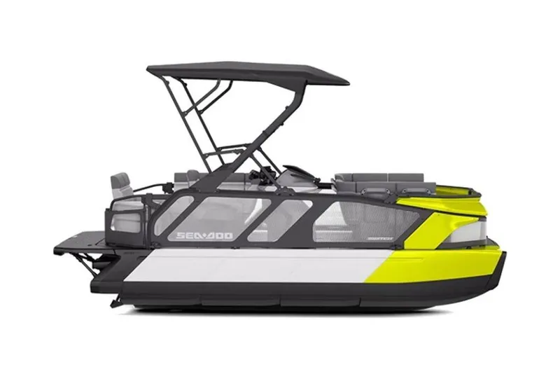Slide: The Image of 2024 Sea-Doo Switch Cruise 18 pontoon boat, side view, vibrant yellow accents. - 26
