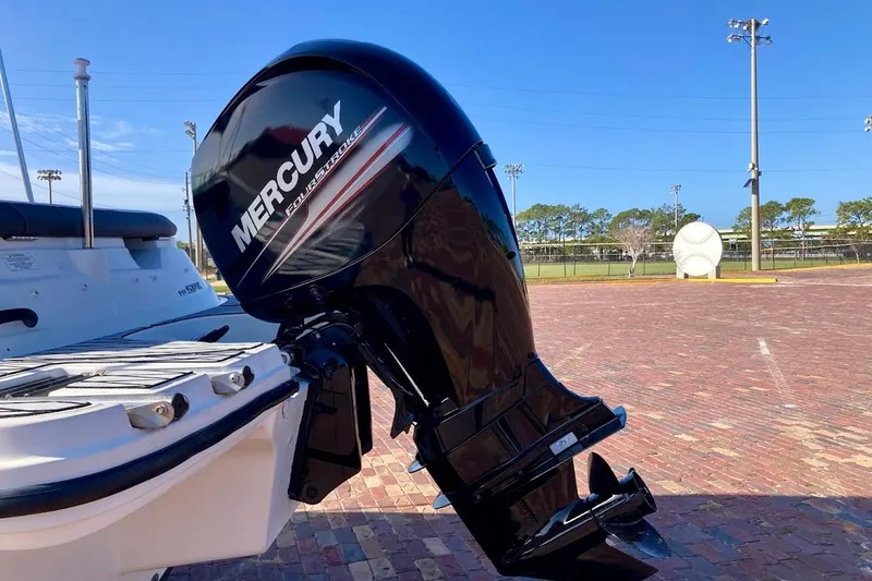 Slide: The Image of 2017 Sea Ray 19 SPX OB with Mercury FourStroke outboard engine in a sunny outdoor setting. - 7