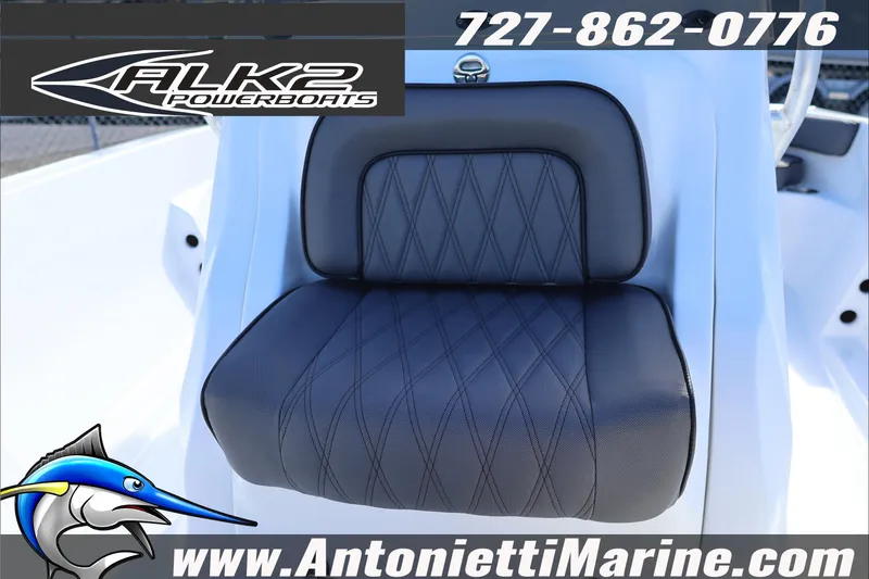 Slide: The Image of 2026 ALK2 Powerboats 18 CRS Center Console seat with diamond stitching, contact info displayed. - 12