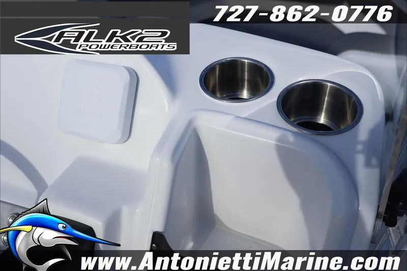 Slide: The Image of 2026 ALK2 Powerboats 18 CRS Center Console with cup holders and branding details. - 20
