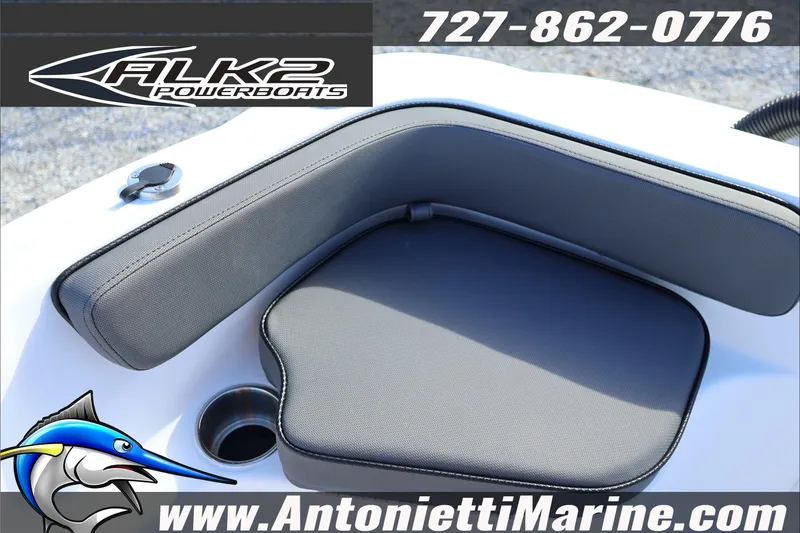 Slide: The Image of 2026 ALK2 Powerboats 18 CRS Center Console seat detail with contact information. - 23