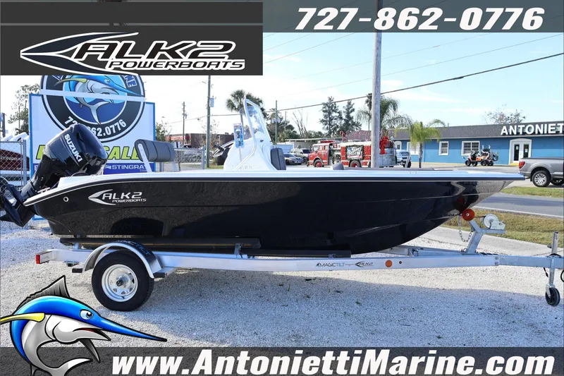 Slide: The Image of 2026 ALK2 Powerboats 18 CRS Center Console on trailer at Antonietti Marine dealership. - 3