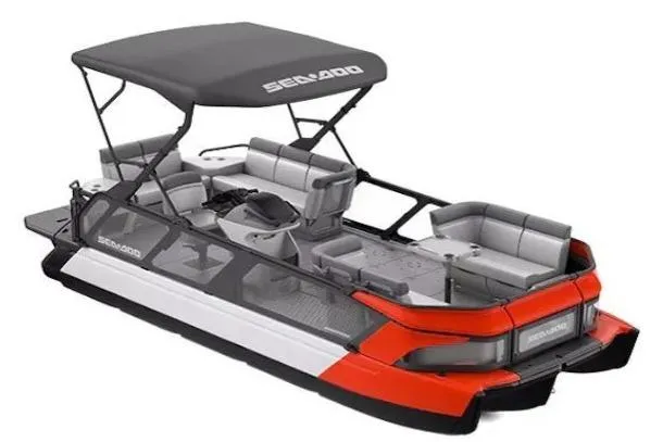 Slide: The Image of 2024 Sea-Doo Switch Cruise 21 pontoon boat with canopy and seating, side view. - 34