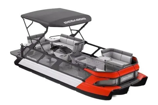 The Image of 2024 Sea-Doo Switch Sport 21 pontoon boat with canopy and seating, side view. - 1