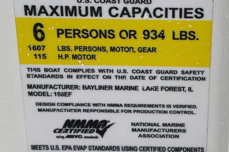 Slide: The Image of 2017 Bayliner Element F18 capacity label: 6 persons or 934 lbs, 115 HP motor. - 24