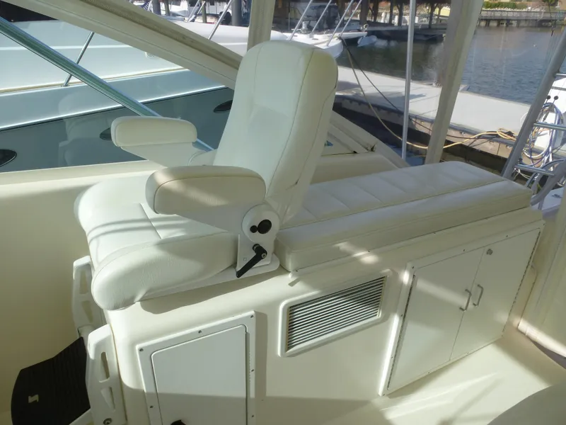 Slide: The Image of 2005 Cabo 40 Express yacht deck with ocean view and city skyline. - 21