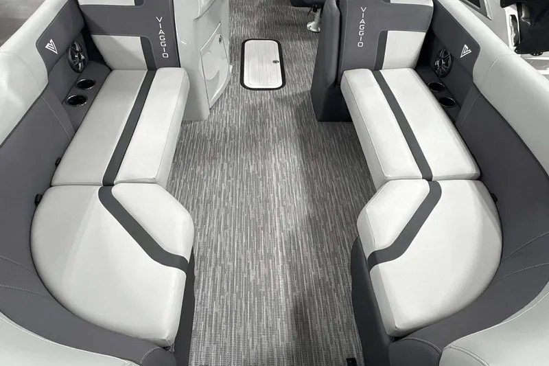 Slide: The Image of 2026 Viaggio x22u boat interior with gray and white seating, modern design. - 8