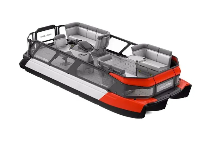 Slide: The Image of 2024 Sea-Doo Switch 19 pontoon boat, featuring modern design and spacious seating. - 38
