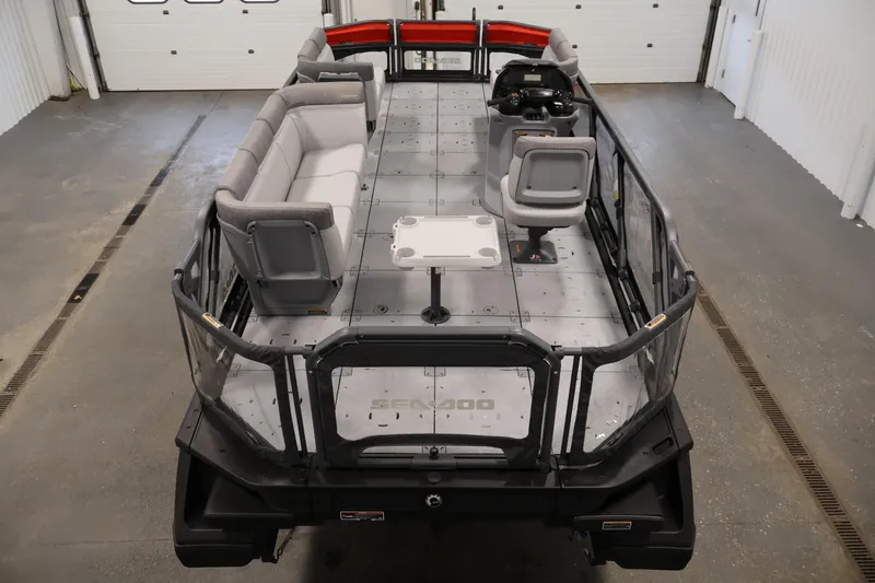 Slide: The Image of 2024 Sea-Doo Switch 19 seating, featuring modern gray upholstery and ergonomic design. - 9