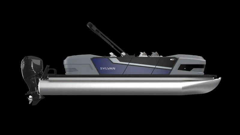 Slide: The Image of Sylvan R-20 PARTY FISH 2026 pontoon boat, side view, black background. - 2