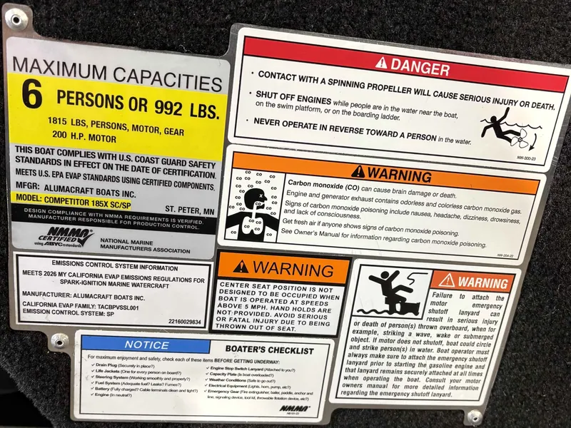 Slide: The Image of Safety and capacity warnings for Alumacraft COMP 185X/SP boat. - 8