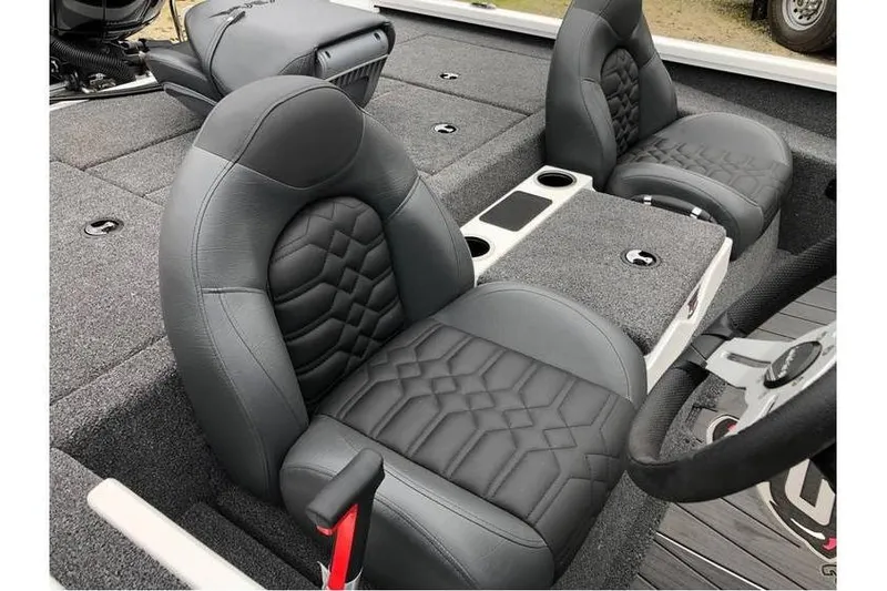 Slide: The Image of 2025 Vexus AVX1980 boat interior with stylish black leather seats and modern design. - 3