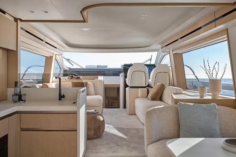 Slide: The Image of Manufacturer Provided Image: Luxurious interior of 2025 Azimut Fly 62 yacht with modern furnishings and ocean view. - 9