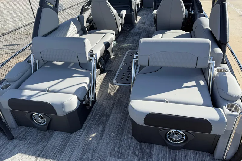 Slide: The Image of 2026 Avalon Excalibur LTD Quad Lounge Windshield interior with luxurious seating and modern design. - 26