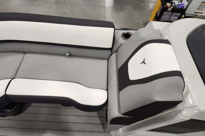 Slide: The Image of 2026 Tahoe Pontoon 25 Cascade Quad Lounge interior with sleek seating and illuminated speaker. - 15