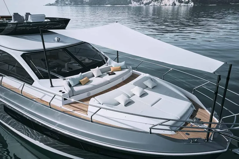 Slide: The Image of Manufacturer Provided Image: 2025 Azimut Fly 53 yacht with sleek design, spacious deck, and luxurious seating. - 2
