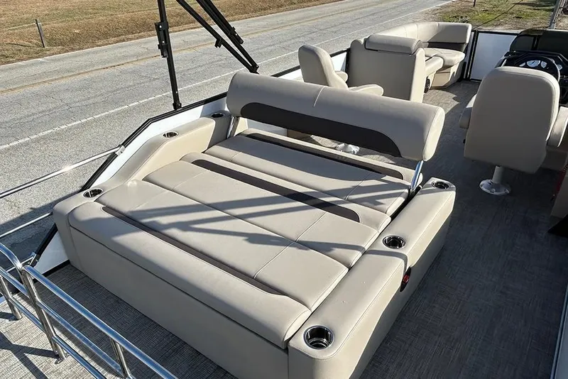 Slide: The Image of 2026 Bentley Pontoons Legacy 223 Swingback with luxurious seating and modern design. - 12