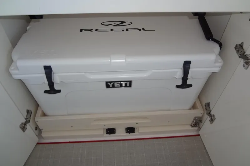 Slide: The Image of White YETI cooler inside 2022 Regal LS36 storage compartment. - 11