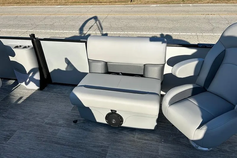 Slide: The Image of 2026 Bentley Pontoons Fish 243 Swingback interior seating with gray upholstery. - 20