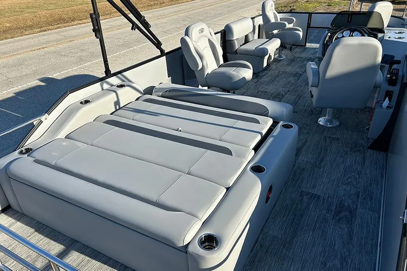 Slide: The Image of 2026 Bentley Pontoons Fish 243 Swingback interior with luxurious seating and modern design. - 29