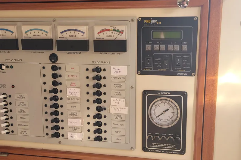 Slide: The Image of Electrical control panel on a 2015 Fortier 30 boat, featuring gauges and switches. - 31