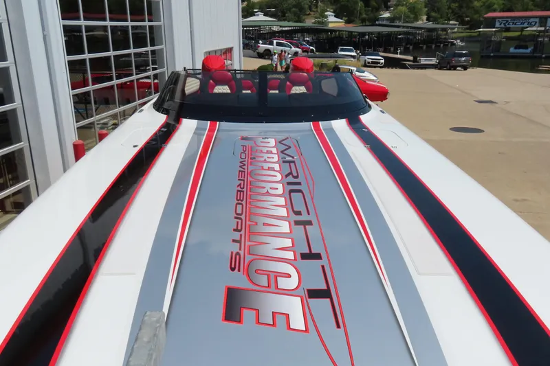 Slide: The Image of 2018 Wright Performance 360 powerboat with sleek design and bold graphics. - 16