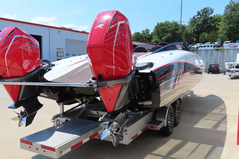 Slide: The Image of 2018 Wright Performance 360 boat with twin Mercury 450R engines on a trailer. - 5