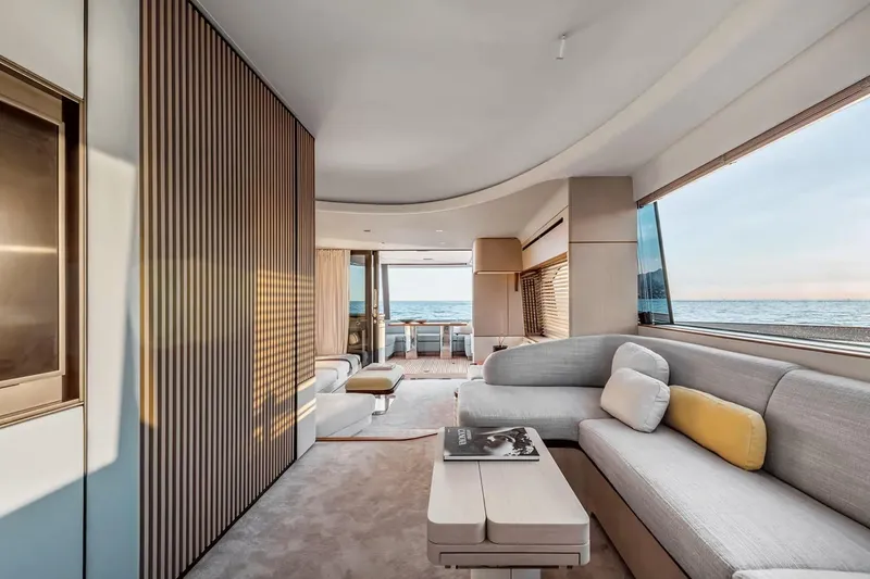 Slide: The Image of Manufacturer Provided Image: Luxurious interior of 2025 Azimut Fly 68 yacht with ocean view and modern furnishings. - 9