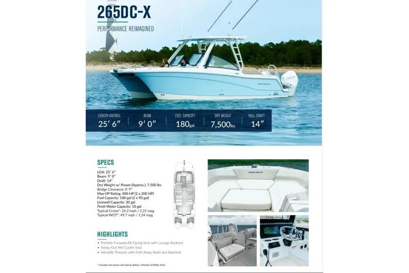 Slide: The Image of 2026 World Cat 265 DC-X boat on water, showcasing specifications and features. - 31