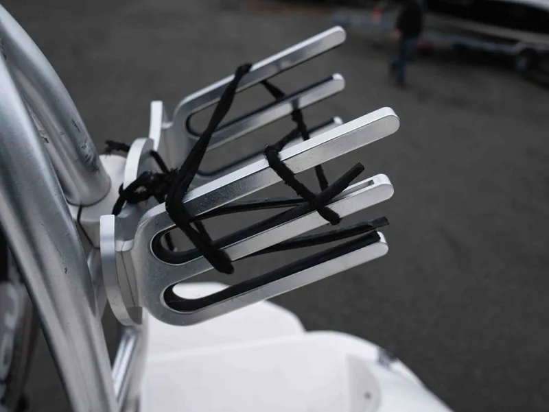 Slide: The Image of Close-up of a wakeboard rack on a Bayliner Element E16 boat. - 17