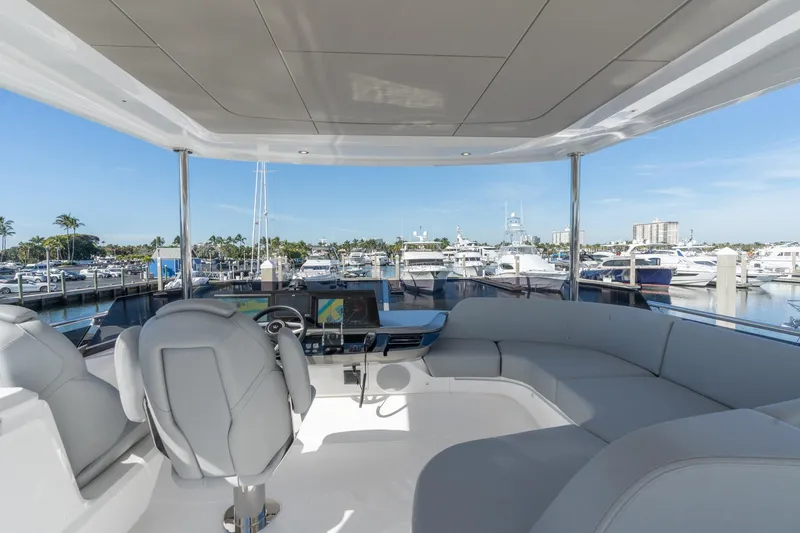 Slide: The Image of Interior view of 2026 Princess F58 yacht cockpit with modern controls and seating. - 10