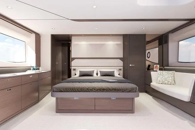 Slide: The Image of Helm of 2026 Princess F58 yacht with modern navigation equipment and luxurious seating. - 6