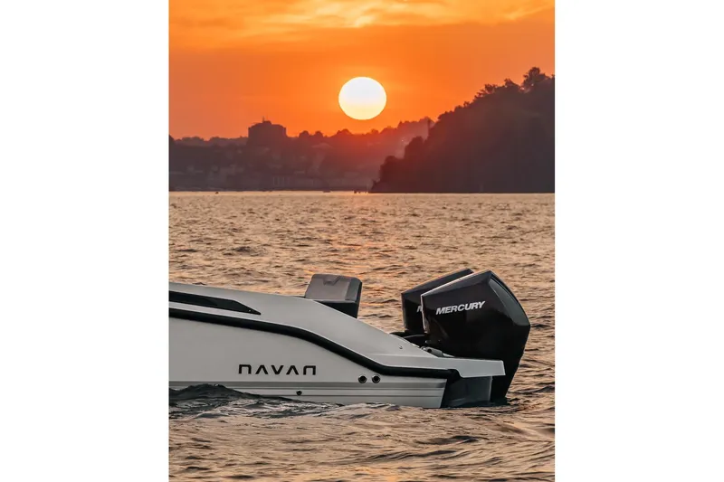 Slide: The Image of Navan S30 boat with Mercury engine at sunset, 2026 model. - 20