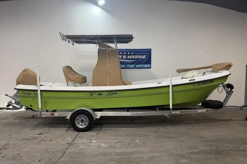 The Image of 2023 Panga 22 SPORT boat in lime green on a trailer, indoor display. - 0