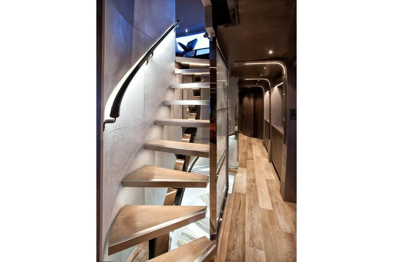 Slide: The Image of Luxurious bathroom in 2018 Westport Raised Pilothouse yacht with elegant wood and marble finishes. - 18