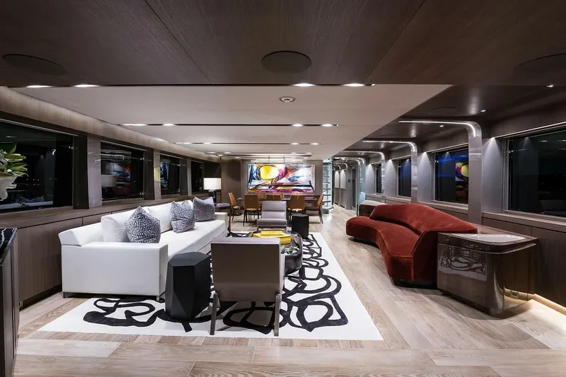 Slide: The Image of Luxurious interior of 2018 Westport Raised Pilothouse yacht with ocean view and modern furnishings. - 2