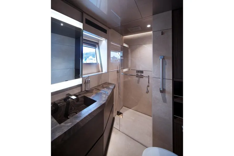 Slide: The Image of Luxurious 2018 Westport Raised Pilothouse interior with panoramic ocean view. - 31