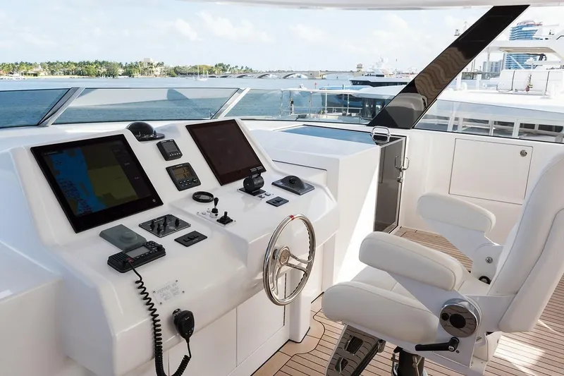 Slide: The Image of Luxurious 2018 Westport Raised Pilothouse yacht deck with seating and ocean view. - 47