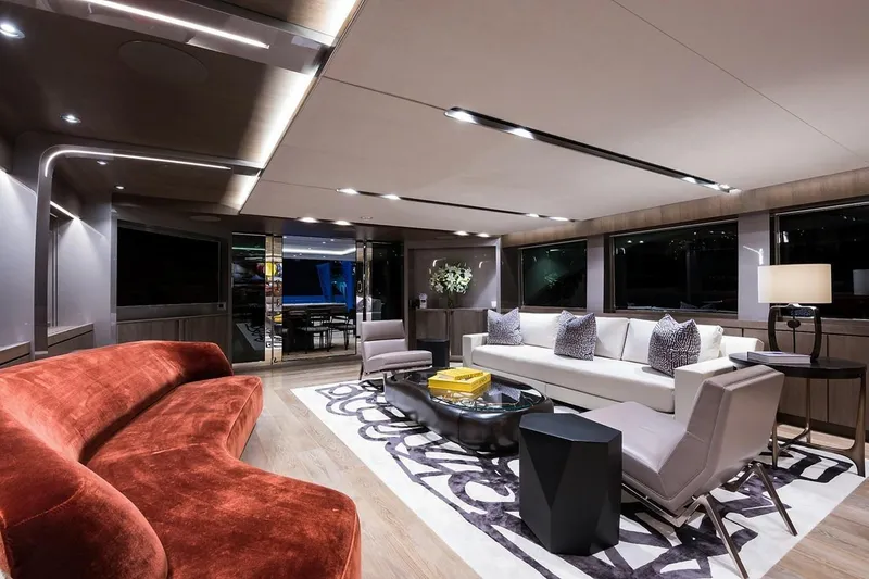 Slide: The Image of Luxurious interior of 2018 Westport Raised Pilothouse yacht with elegant dining area and ocean view. - 5