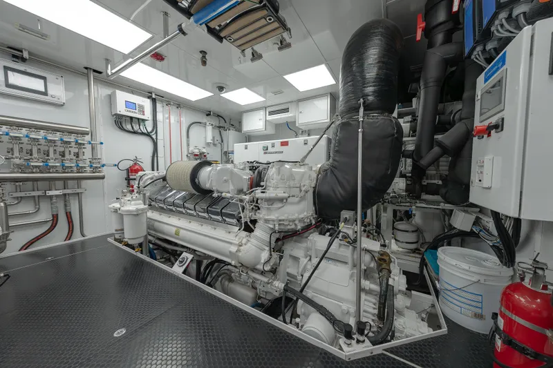 Slide: The Image of Electrical control room of 2018 Westport Raised Pilothouse yacht, featuring panels and equipment. - 55