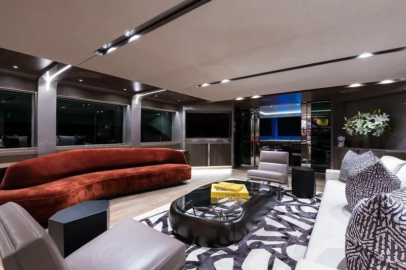 Slide: The Image of Luxurious interior of 2018 Westport Raised Pilothouse yacht with modern staircase and elegant design. - 6