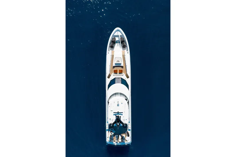 Slide: The Image of Aerial view of 2018 Westport Raised Pilothouse yacht on deep blue water. - 69