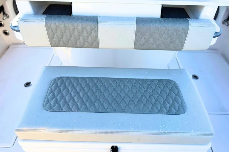 Slide: The Image of 2023 Solace 32 CS boat seats with elegant design and waterfront view. - 26