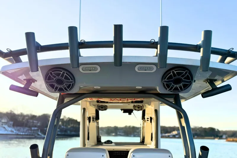 Slide: The Image of 2023 Solace 32 CS boat seating with elegant design and comfortable upholstery. - 27